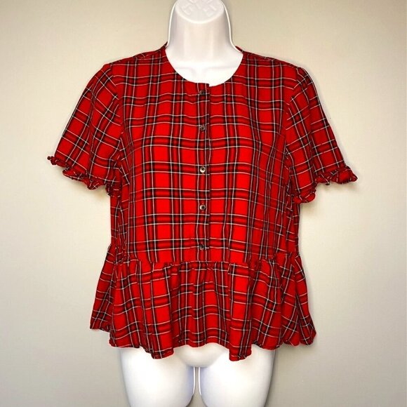 Madewell Tops - MADEWELL Red and Black Plaid Ruffle Hem Puff Sleeve Button Down Blouse Size S